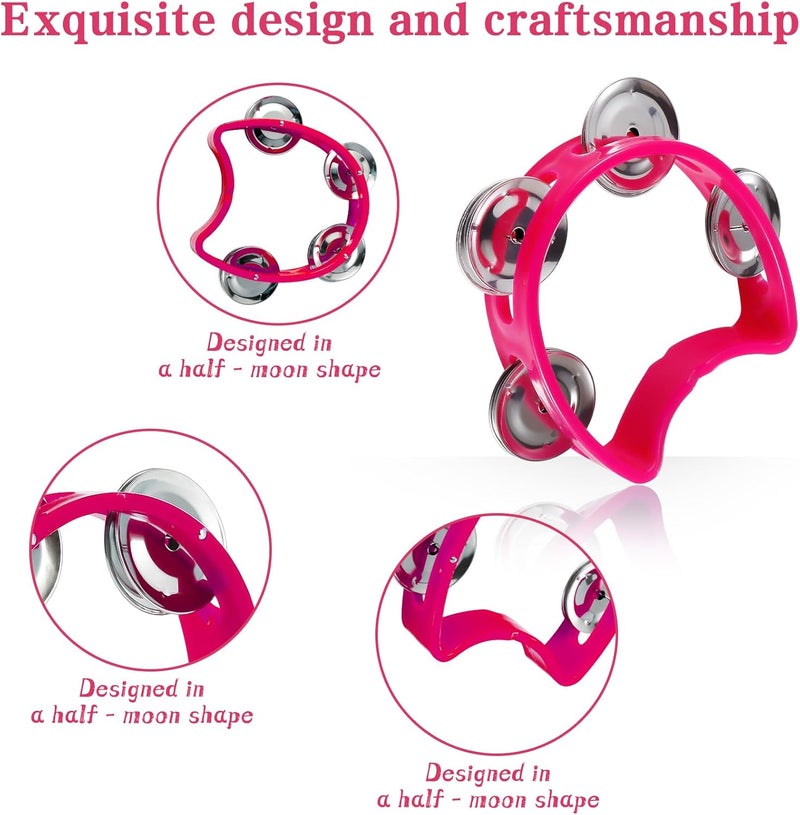 TENINYU Pack of 3 Half Moon Musical Tambourine, Double Row Metal 4 Jingle Bells Mini Hand Held Percussion Drum with Ergonomic Handle Grip (Black & Pink & Yellow) - Image 5